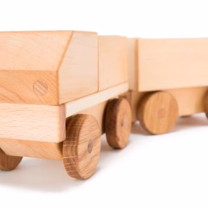 Jucărie camion cu remorcă din lemn natural lucrat manual