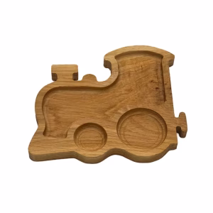 Platou servire copii locomotivă din lemn natural pentru gustări sănătoase Drag de Bun.
